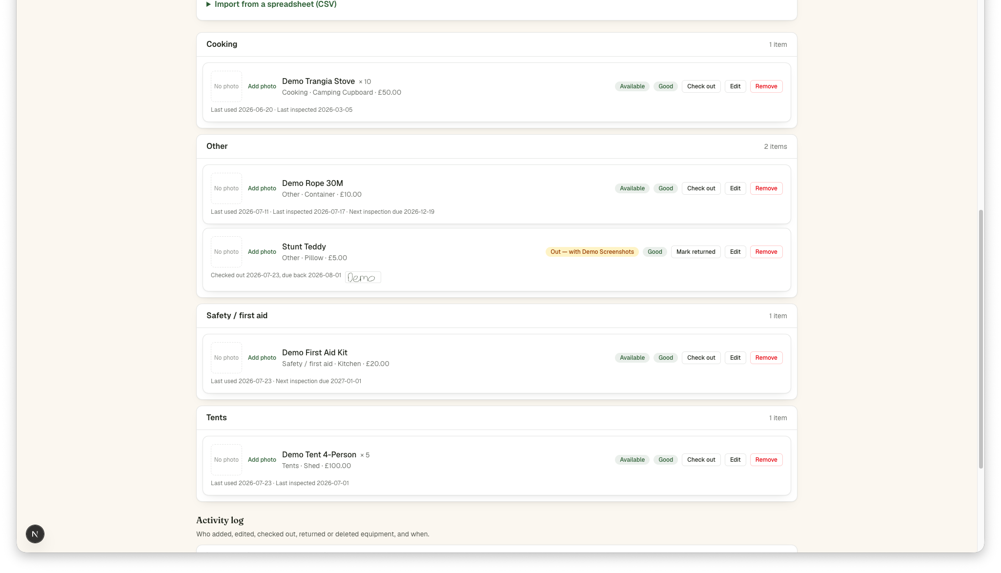 Equipment inventory list grouped by category, with one item checked out and shown as unavailable