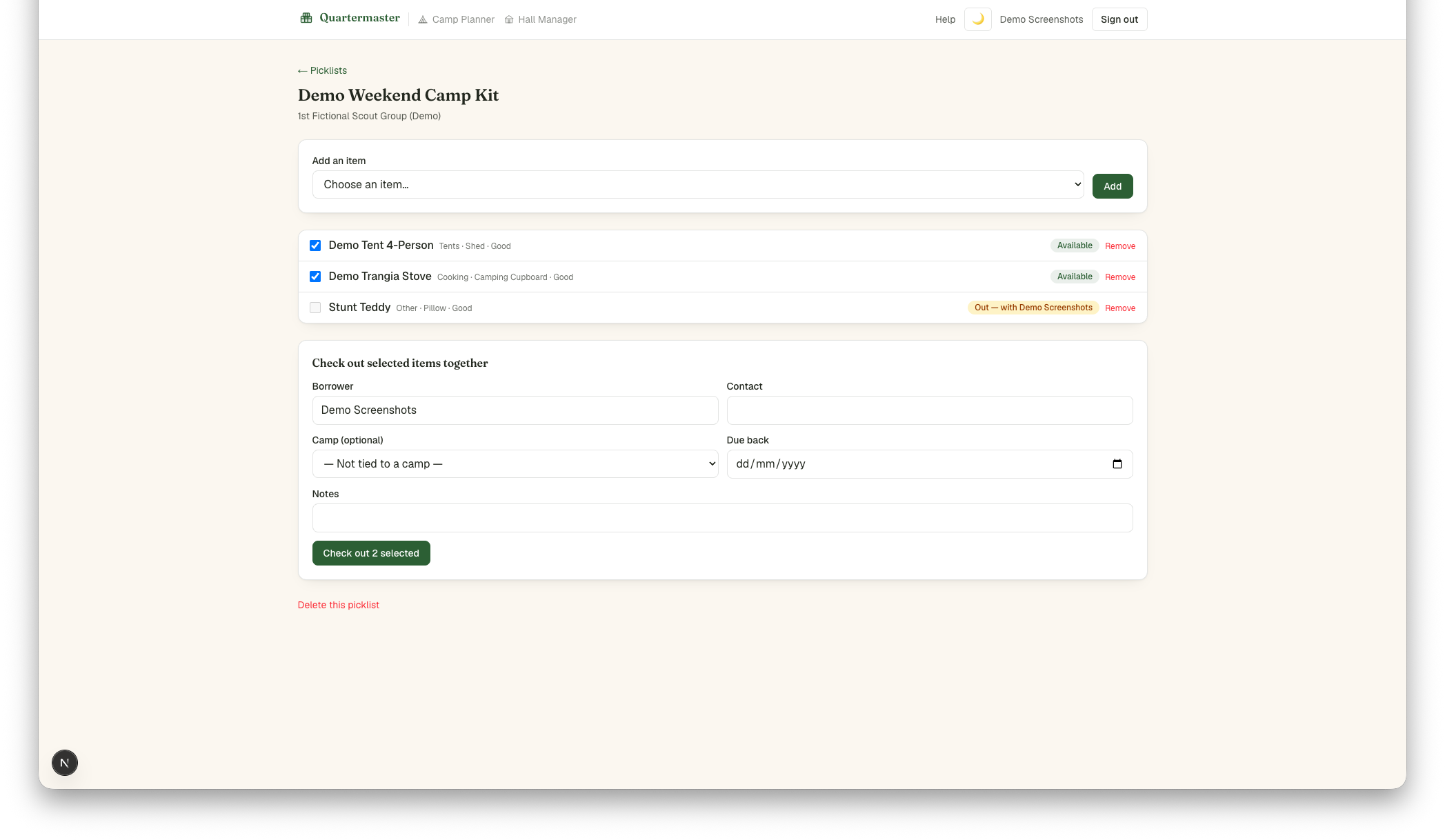 A saved picklist showing its items, availability, and the bulk checkout form